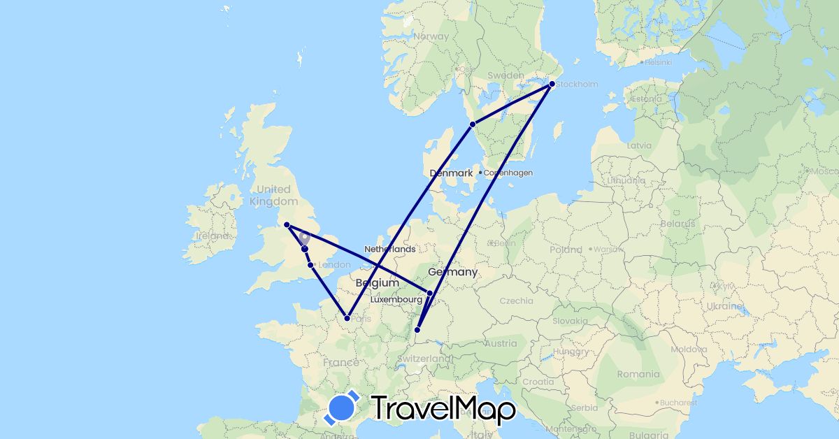TravelMap itinerary: driving in Germany, France, United Kingdom, Sweden (Europe)